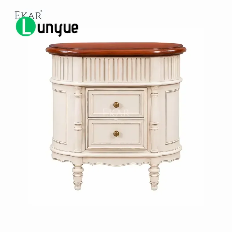 French Classic Curved Bedside Table Cherry Wood Top Ivory Slub Fabric Demi-Lune Nightstand for Bedroom Elegant Storage