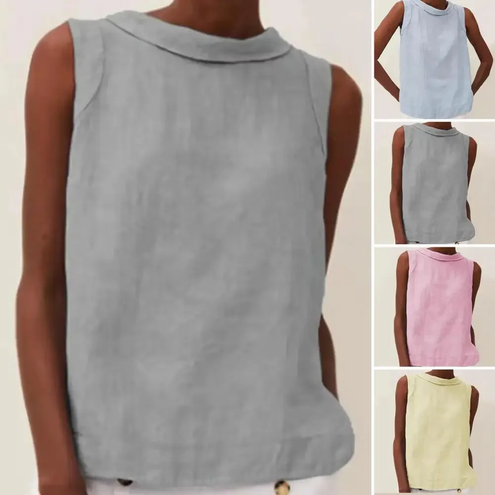 

Women's Top New Lapel Sleeveless Solid Color Cotton and Linen Shirt for Women