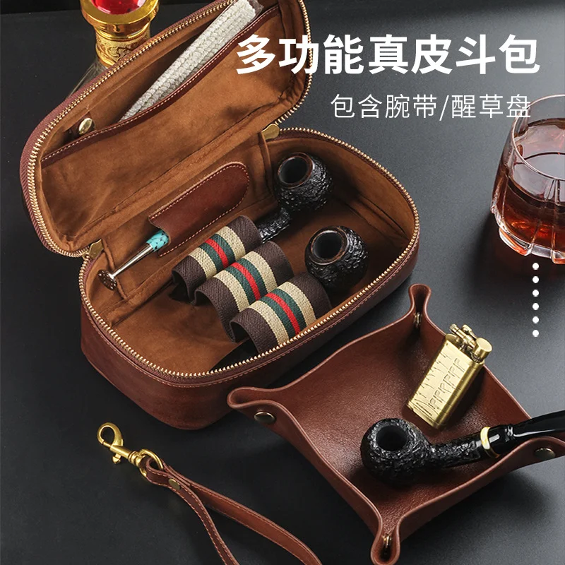 

Veg Tan Leather Pipe Bag Organizer, Large 3-Pipe Capacity with Integrated Tobacco Jar, Multi-Compartment Vintage Pipe Accessorie