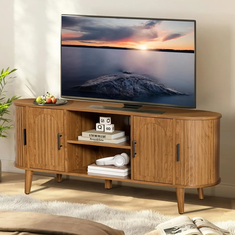 

51" Fluted TV Stand, Mid-Century Modern Entertainment Center for Tvs up to 60" with Drawers and Fluted Doors, Curved TV Media