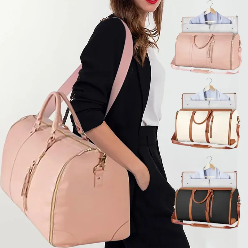 Foldable Women\'s Travel Convenience Tote Garment Bag Large Capacity PU Leather Travel Bag Portable Business Travel Bag