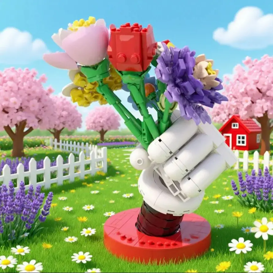 

MOC Creative Hand Holding Flower Bouquet Building Blocks Flower Home Decor Bouquet Model DIY Assemlbe Puzzle Toys Children's