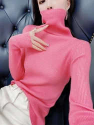 Ladies Pullovers with Rhinestones Women's Knit Sweater Pink Coquette Turtleneck Sequin Basic Casual on Promotion Outerwears Fall