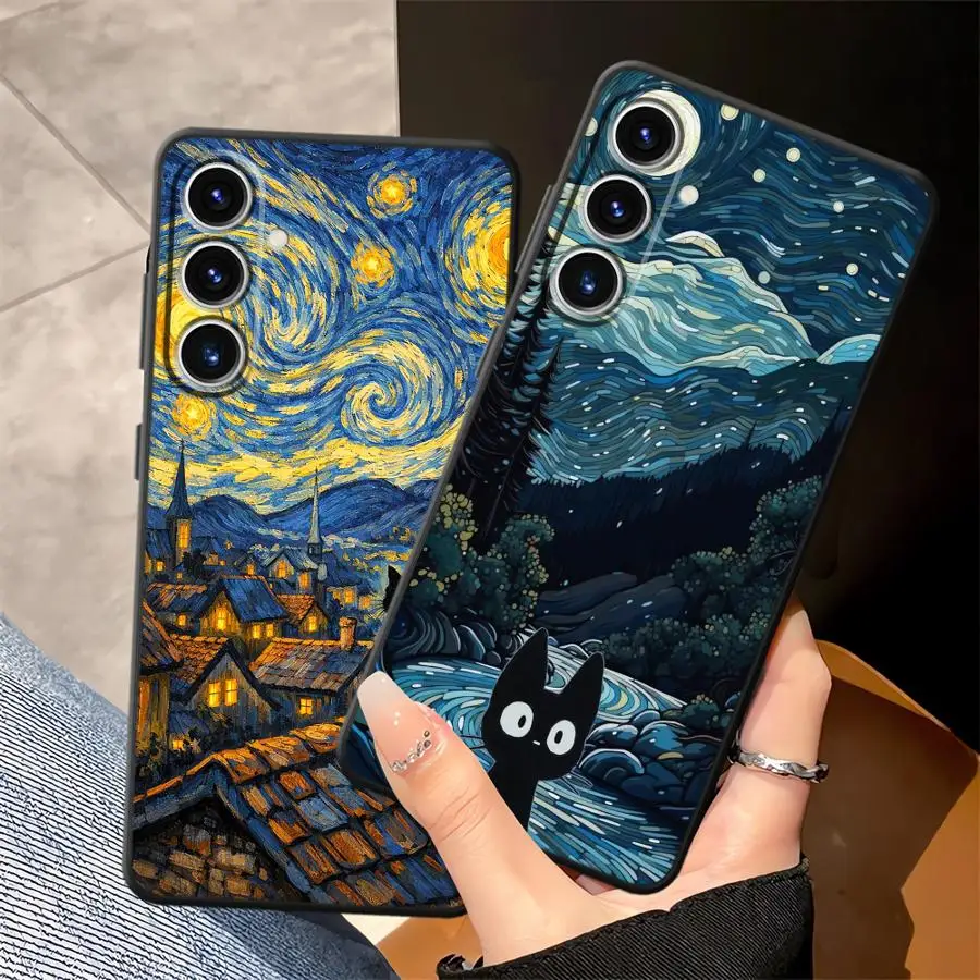 Van Gogh Starry Night Cat Phone Cover Case for Samsung Galaxy A36 A06 A37 A05 A52 A73 A51 A57 A15 A53 A17 A55 A23 A25 A16 A41