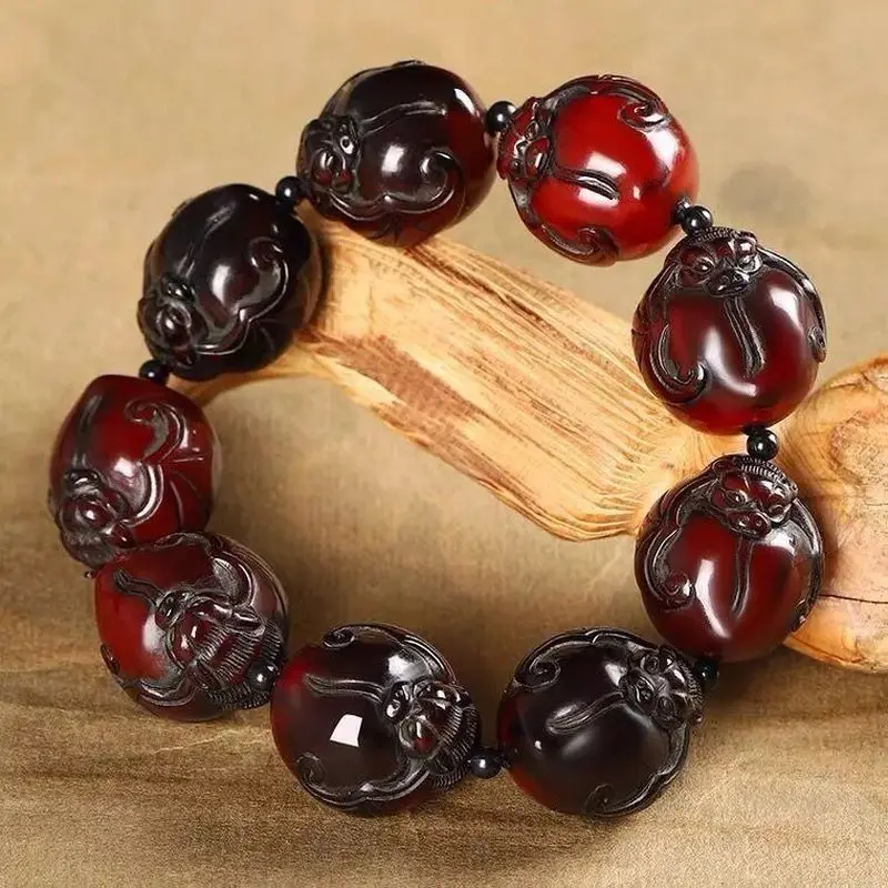 Exquisitely Carved Yak Horn Bracelet Featuring A Bat Longevity Peach Design, Symbolizing Good Fortune And Wealth; A Bone-Inl