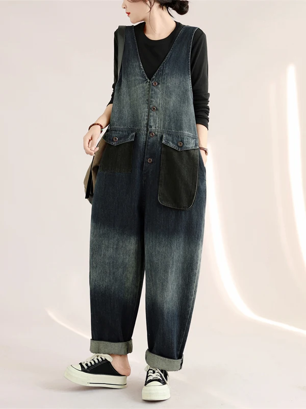 Fall New Style Women's Loose Casual Denim Overalls Large Size Pants with Pockets Wear Resistant Harlan Trousers White Wash
