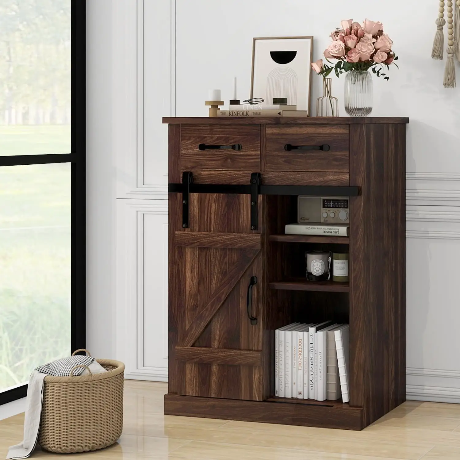 

Farmhouse Storage Cabinet Modern Buffet Sideboard with 2 Drawers & Barn Door Freestanding Kitchen Pantry Cabinet