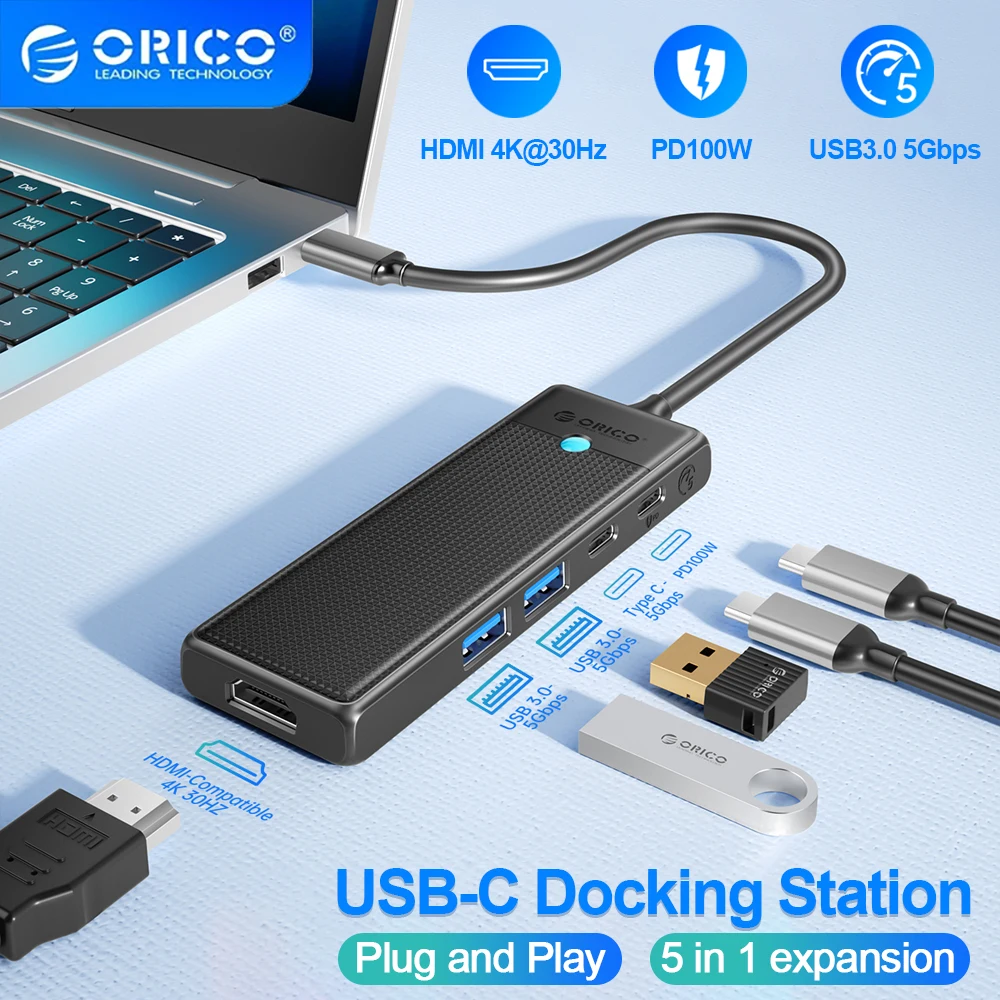 

ORICO USB C HUB Type C Docking Station to HDMI-com USB 3.0 Adapter 4K30Hz PD100W Card Read Splitter for MacBook USB Splitter