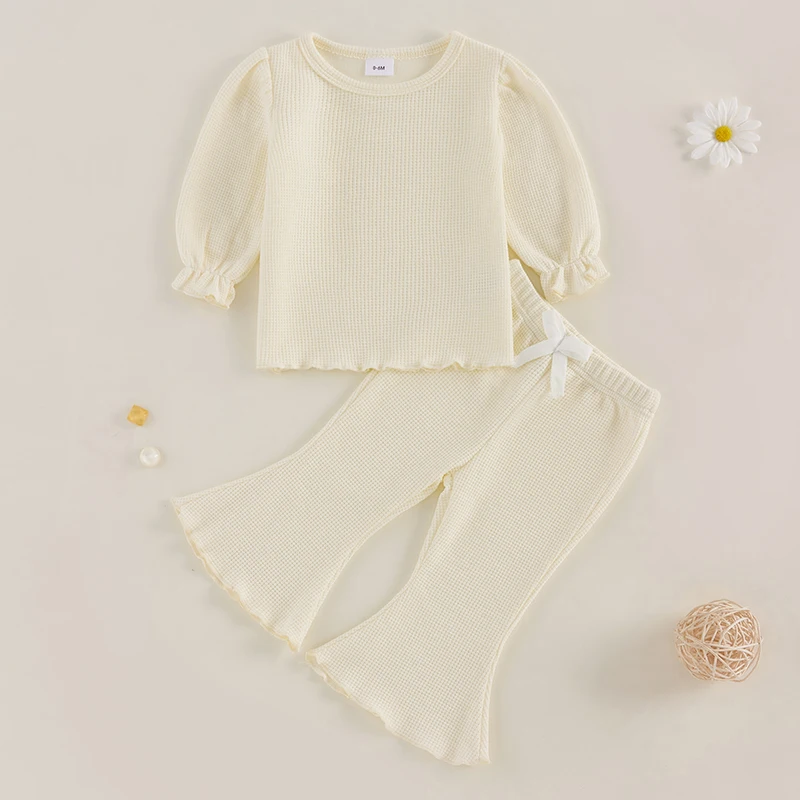 Toddler Girls Outfits Solid Color Waffle Long Sleeve Shirt and Elastic Flare Pants Set Cute 2 Piece Clothes