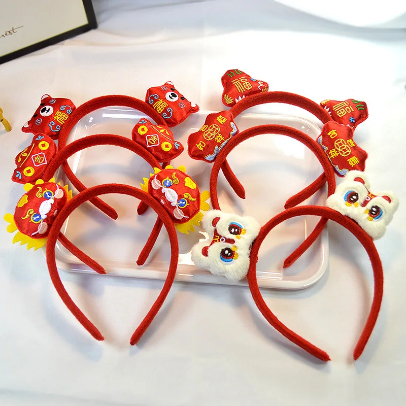 2024 Happy New Year Red Headband Chinese Cartoon Party Headwear Embroidered Hair Hoops Lion Dance Plush Hair Accessories