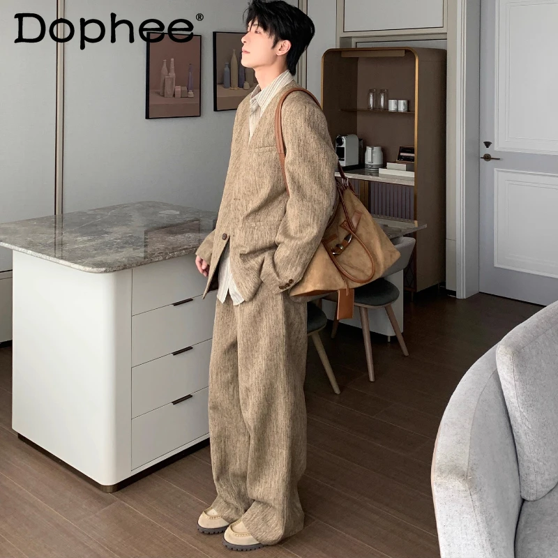 

Осень 2024, новые модные мужские костюмы, высококачественные комплекты из двух предметов, легкие роскошные удобные костюмные куртки, мужские свободные удобные комплекты брюк