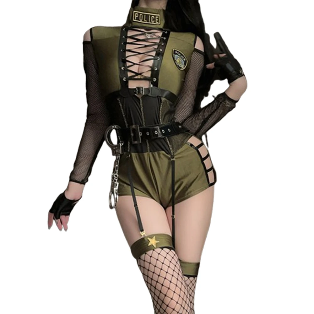 

Seductive Police Officer Cosplay Outfit, Lace-Up Mesh Jumpsuit with Handcuffs & Hat, Elegant Intimate Nightwear for Halloween