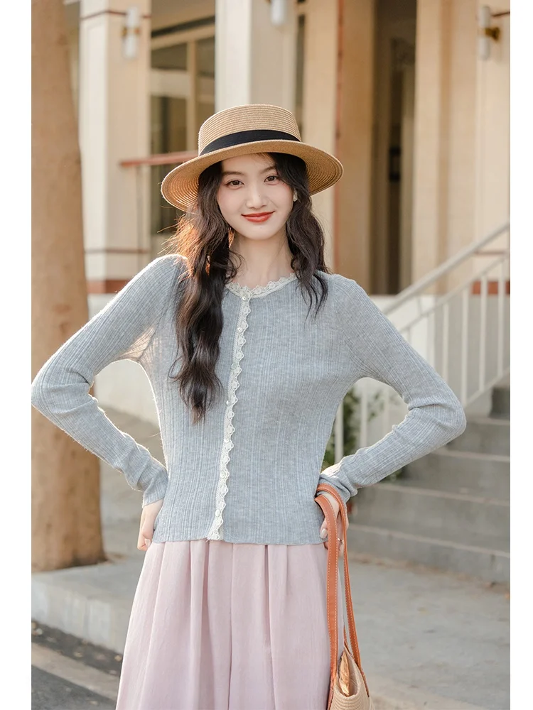 

Chic Korean Sle Women's Knitted ey Roll up Top Spring Faion Inner Wear Cardigan Coat Slim Fit Long Sve round Ne ...