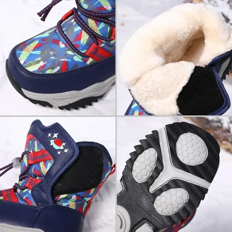 Winter Children Plush Shoes Boys Snow Boots Rubber Sole Colorful Printing Booties Kids Footwear Size 26-38# From 4-9Y 9969