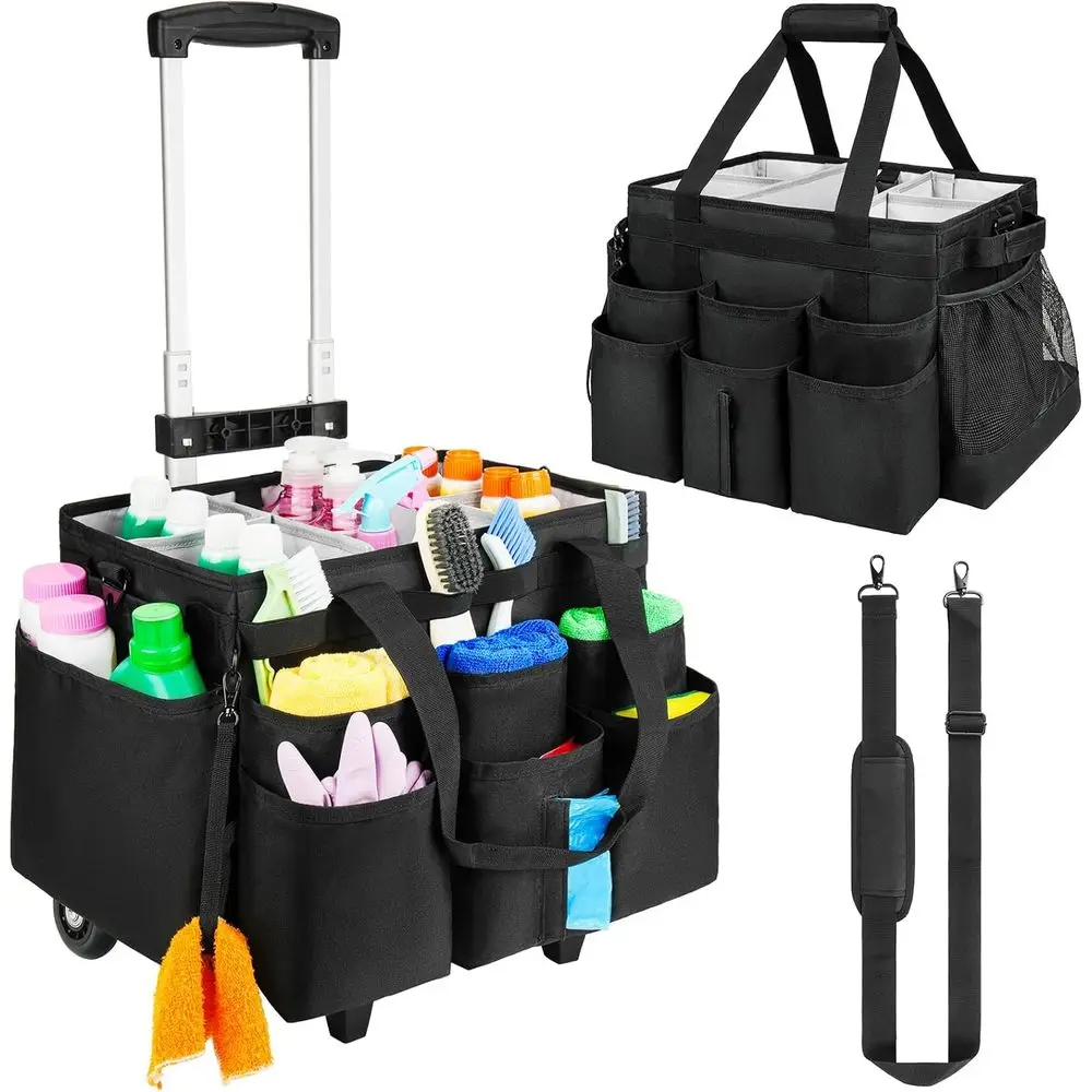 

Portable Rolling Cleaning Cart with Detachable Trolley, Wheeled Organizer Bag for Cleaning Supplies, Ideal for Housekeeping, Bla