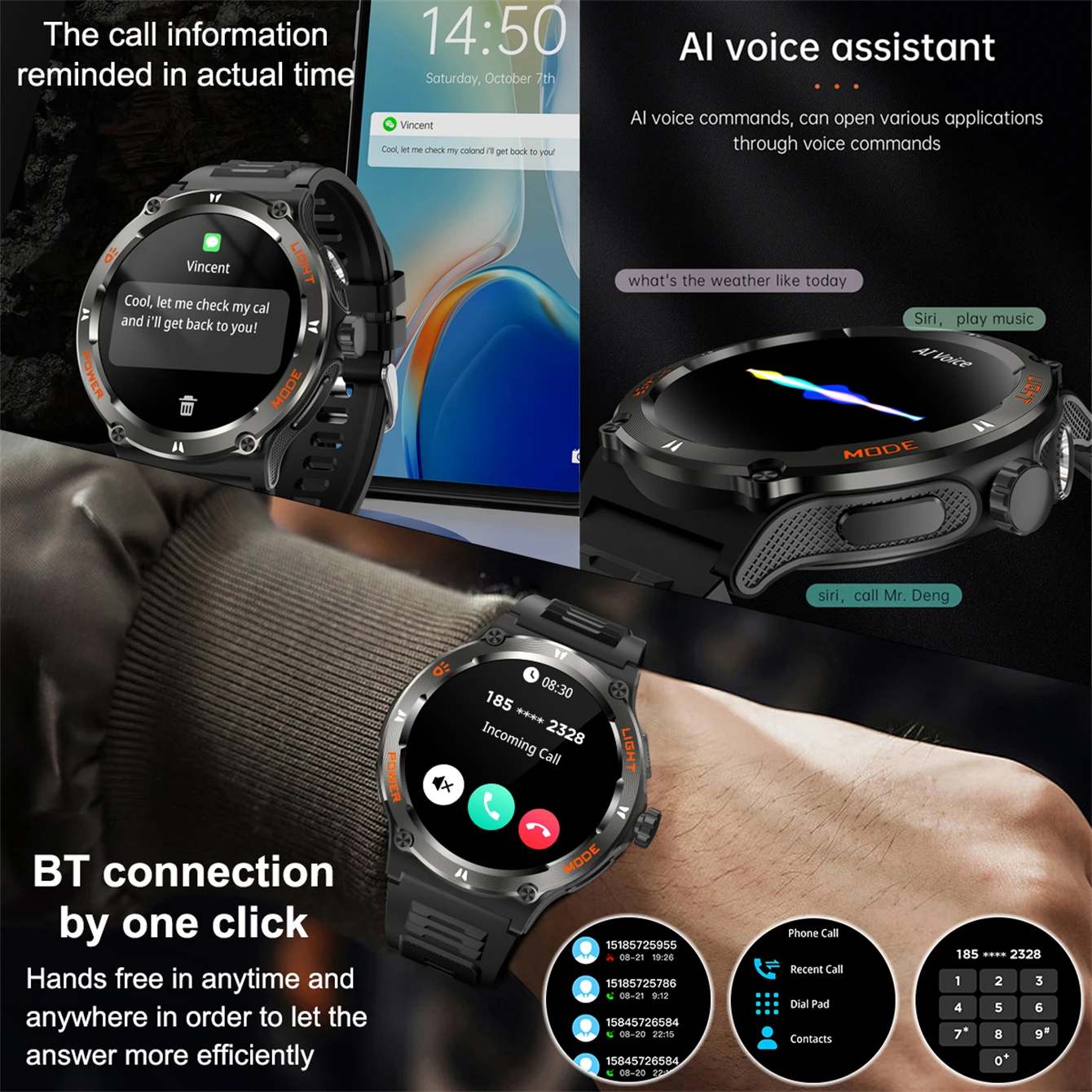 2024new Voor Xiaomi Huawei Robuuste Militaire Smart Watch Mannen Hd Amoled Bluetooth Call Gps Track 500Mah 3atm Waterdichte Smartwatches