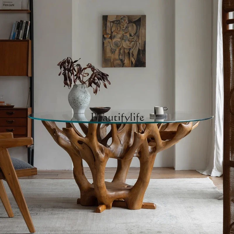 

yj39 Teak root carving creativity\ wabi-sabi wind with the shape of solid wood B & B hotel glass round dining table