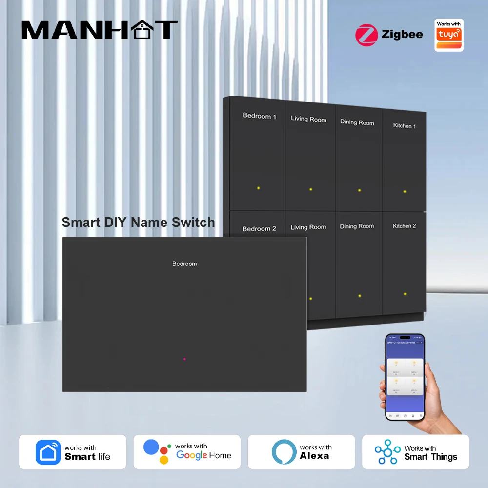 MANHOT Zigbee Horizontal Smart DIY Name Switch Neutral Wire Required Display Screen Push Button Work With Smart Life Google Home