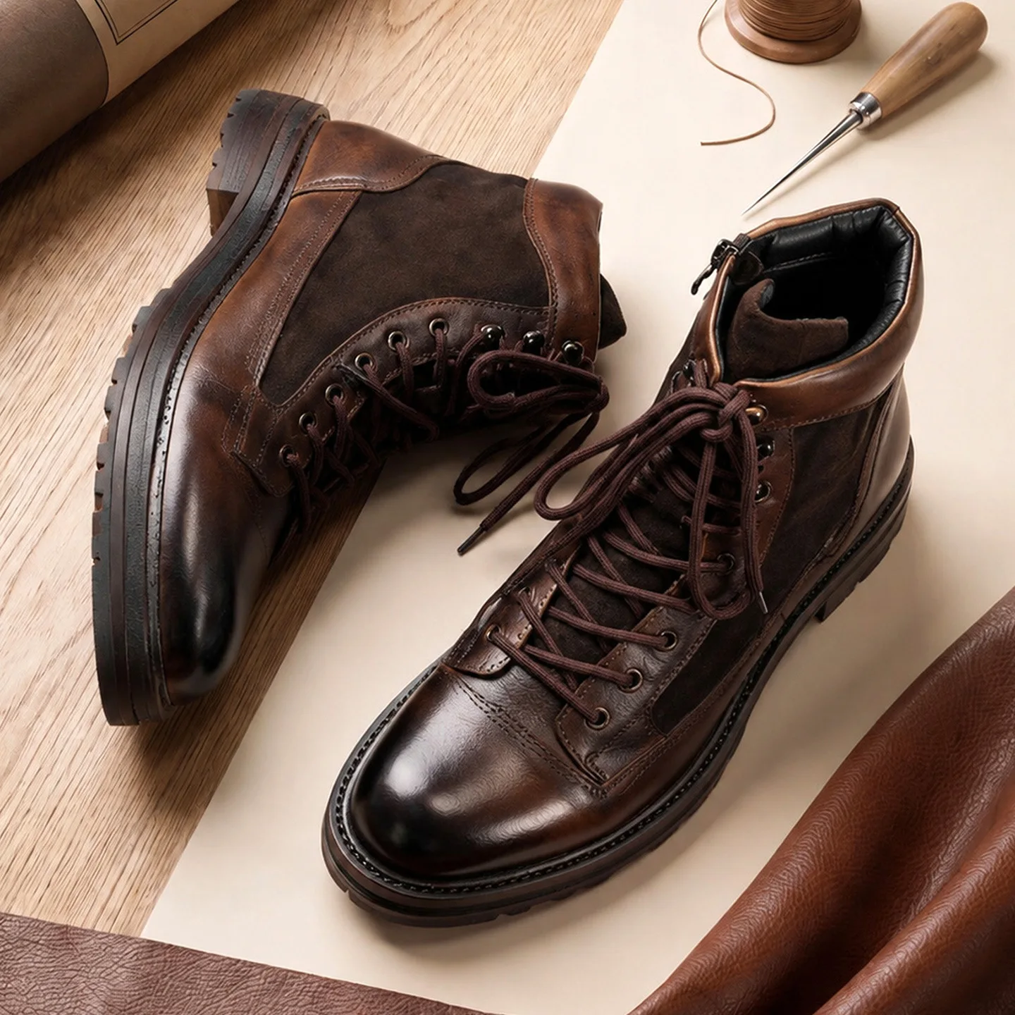 YETTIES Men's American Vintage Leather Combat Work Boots | Chunky Platform Height-Increasing High-Top Paratrooper Boots