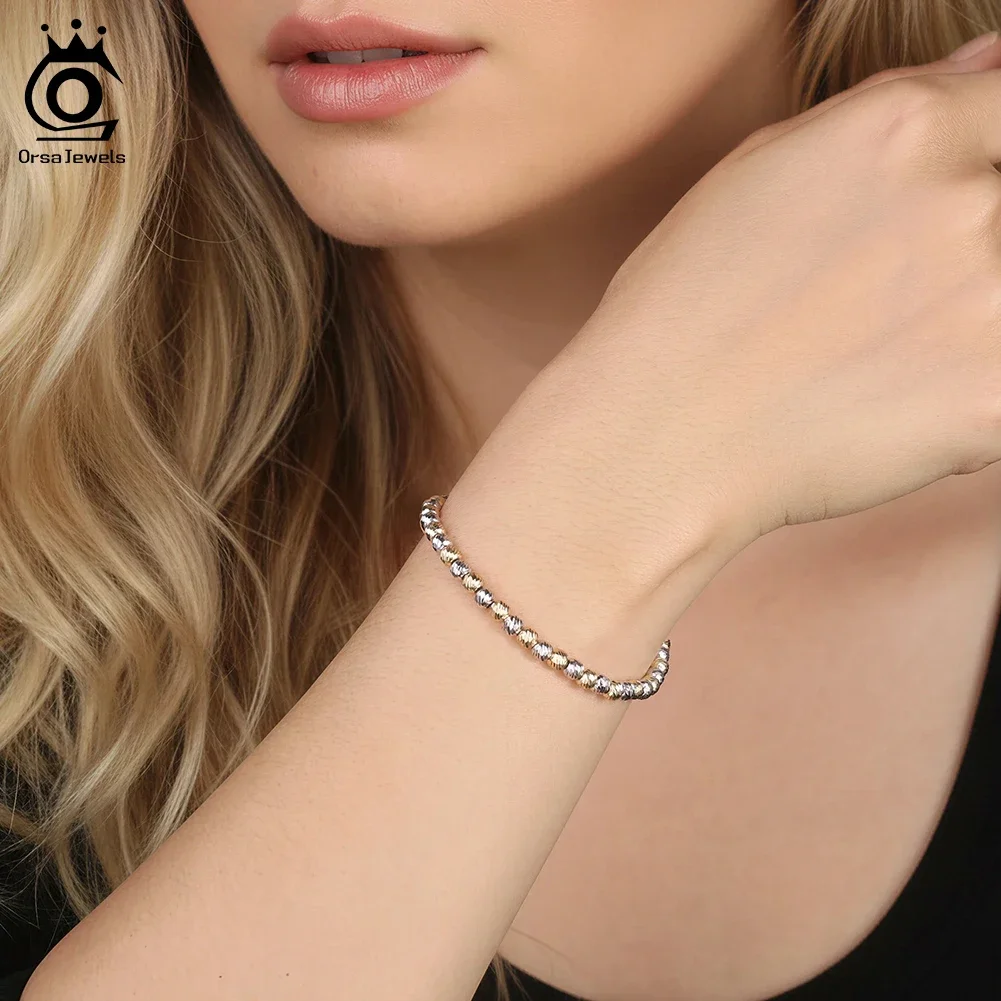 ORSA جواهر حقيقية 925 فضة 4 مللي متر سوار مُزين بالخرز سلسلة للنساء الخرز المستديرة سوار للمجوهرات الديكور اليومي GAB03