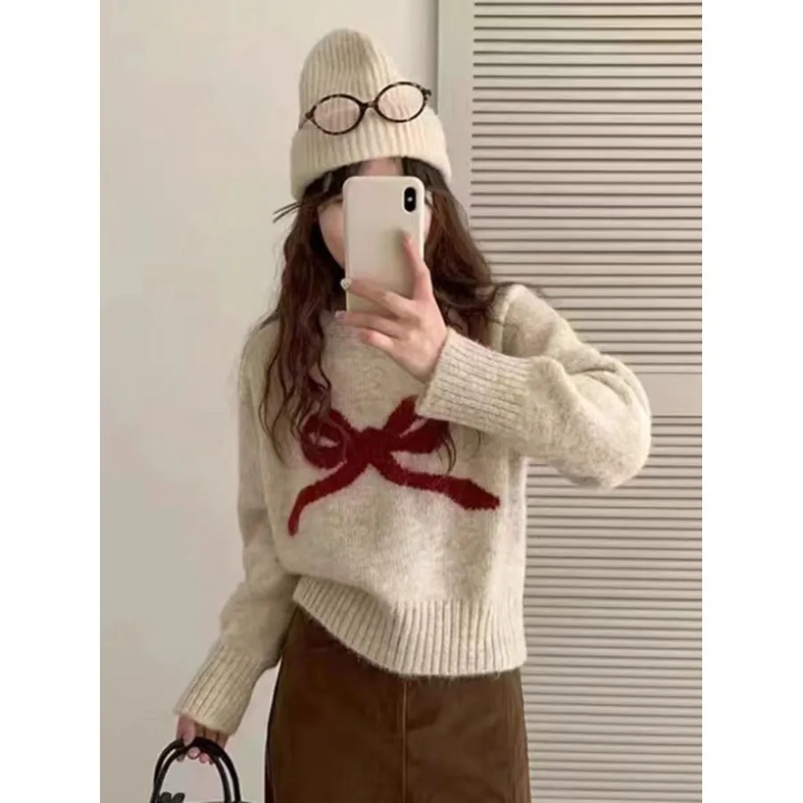 Cute  Knot round Ne Pullover Sweater Women's Spring Autumn Loose ort Knitted Top Comfortable Breathable Casual