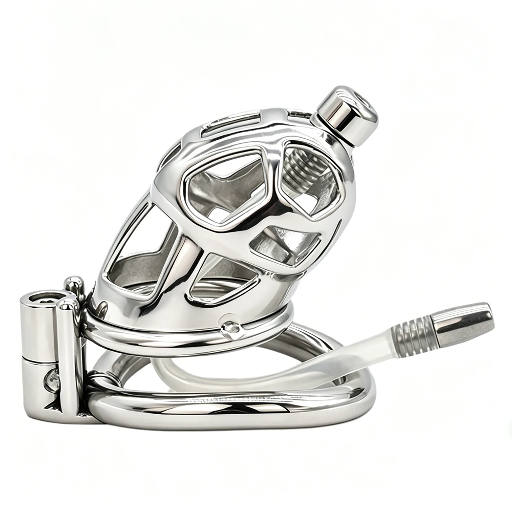 New Metal Cock Cage Male Chastity Device with Detachable Silicone Urethral Penis Plug Catheter Tube for Men BDSM Adults Sex Toys