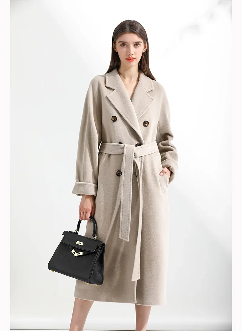 

Women Solid Color Lapel Double Wool Coats Autumn Winter Warm Long Outwears Breasted Classic Cashmere Coat Casual Commute Outcoat