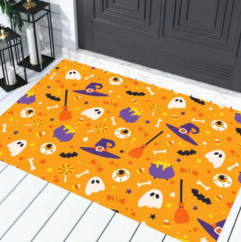 Black Background 3D Pumpkin Purple Ghost Bat Maple Leaf Entrance Mat Non-Slip Doormat for Front Door Porch Pattern