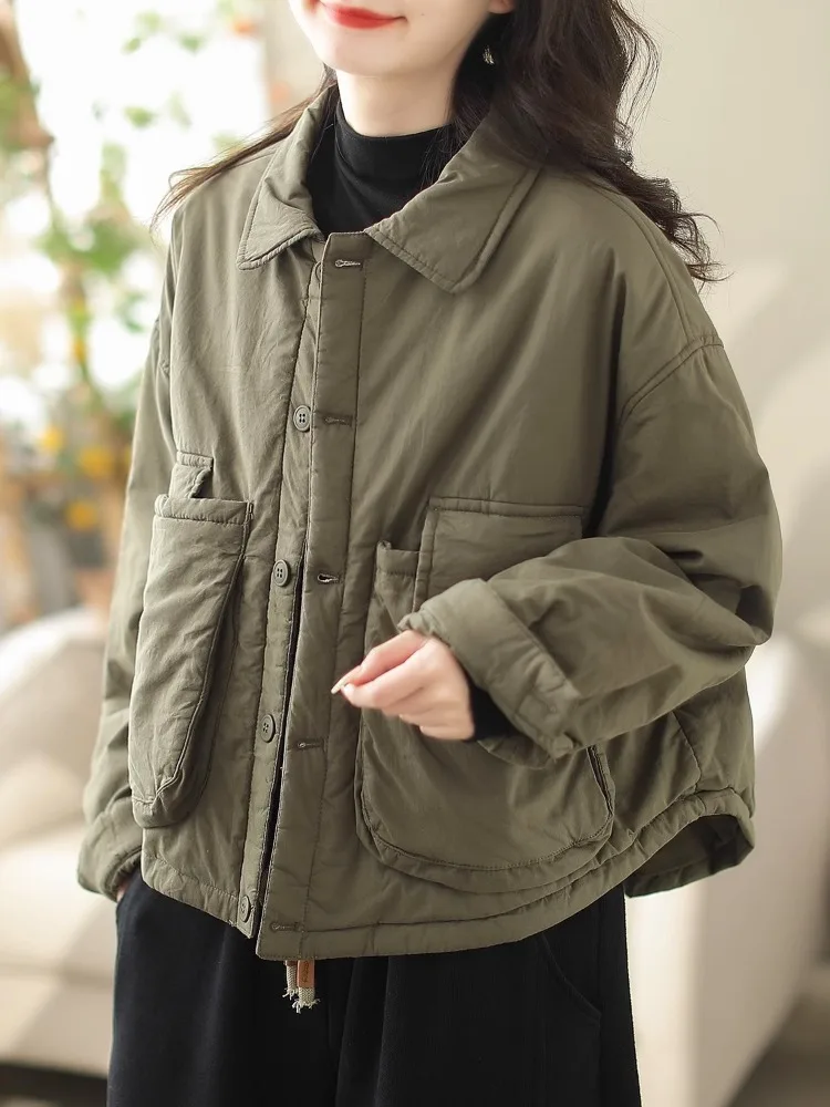 

Thiened Cotton Jaet женское зимнее повседневное теплое пальто irt с большими четырьками в стиле ретро с застежкой на пуговицы Long Sve Pure Color