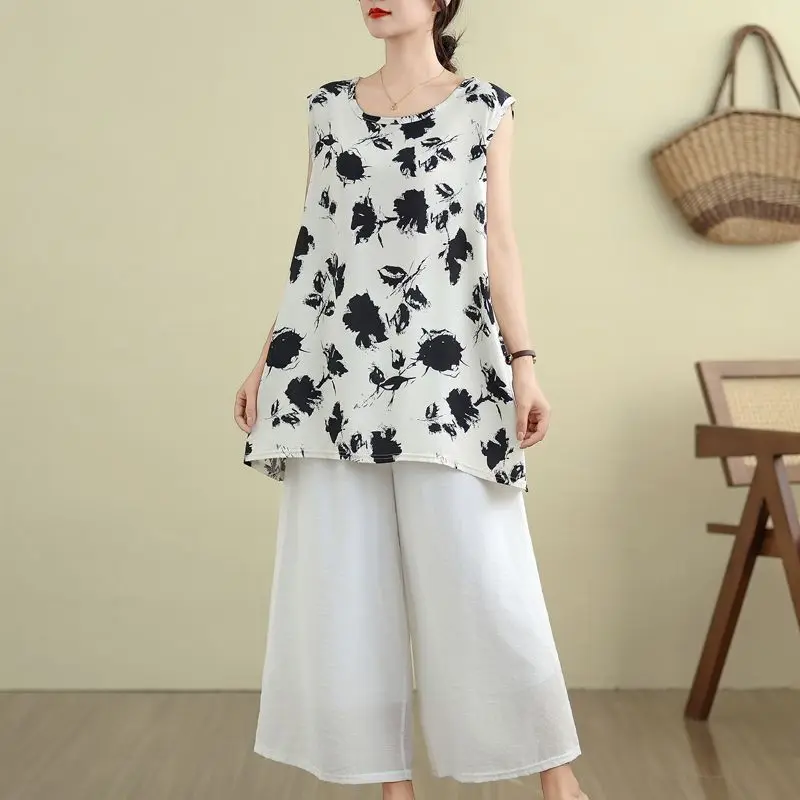 Nuova maglietta da donna ampia e sottile a trapezio Top stampato in stile cinese Canotta versatile ed elegante