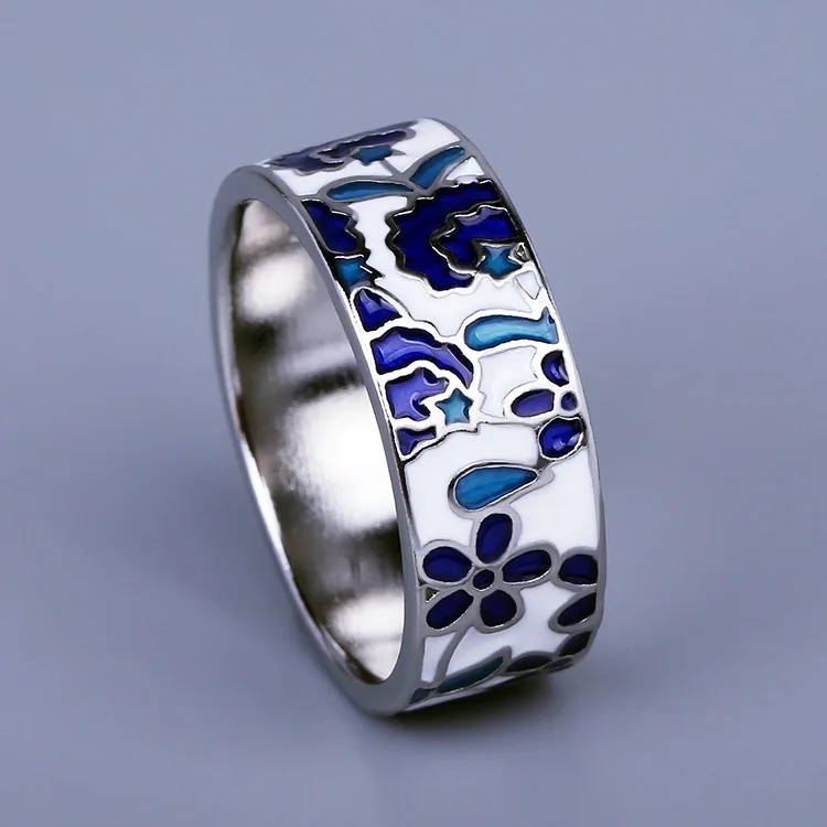 925 Silver Exquisite New Women\'s for Ring Blue Enamel Flower Ring Fashion Handmade Enamel Jewelry Wedding Bridal Ring