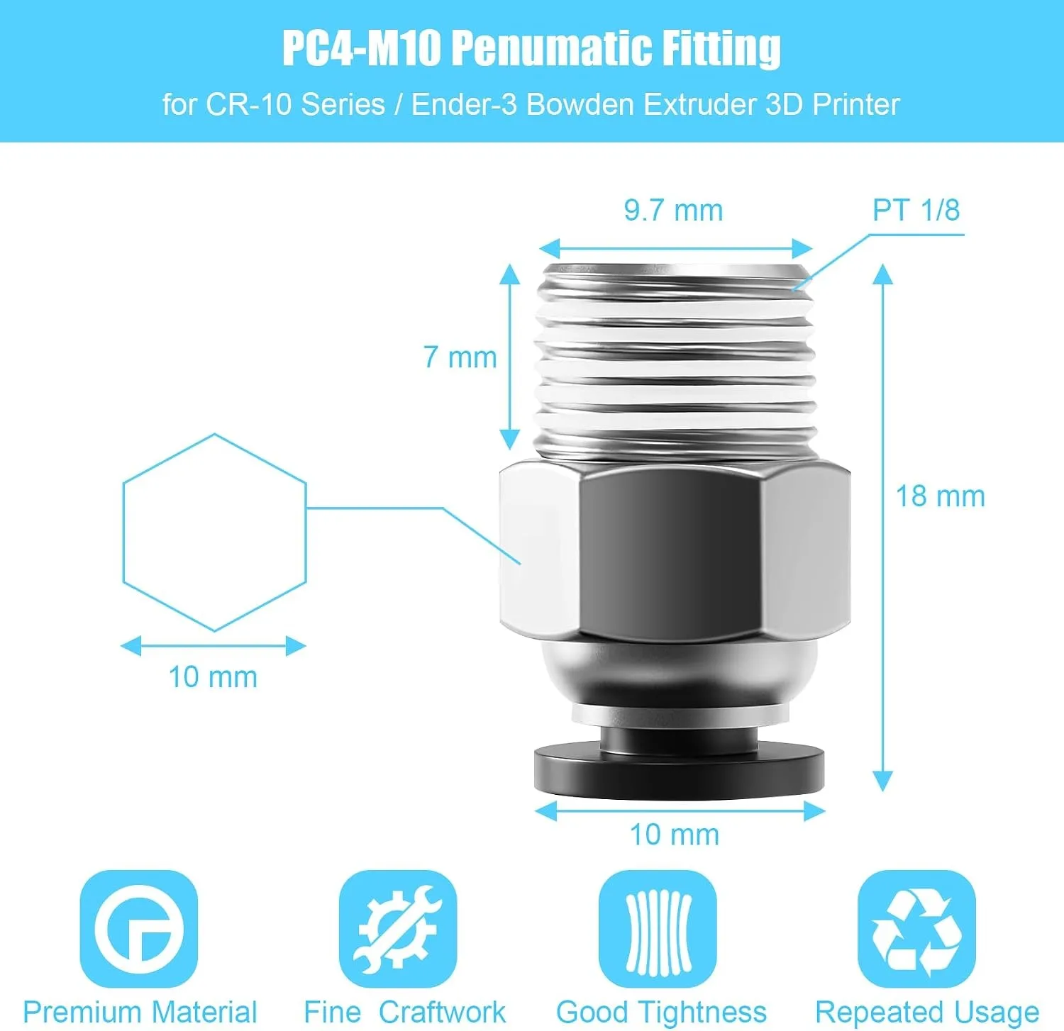 10 Stück PC4-M10 PTFE-Schlauchverbinder Pneumatische Bowden-Kupplung Schnellkupplungen für Ender 3 V2 E3D V6 3D-Drucker Extruder-Teile – Detail 2