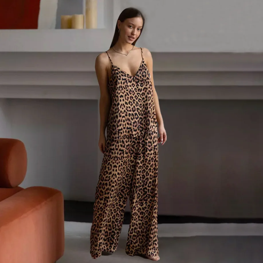 

Summer New Leopard Print Spwear Set Women's Home Clothes Long Pants Strap Nightgown Four Seasons Universal Chinese Origin