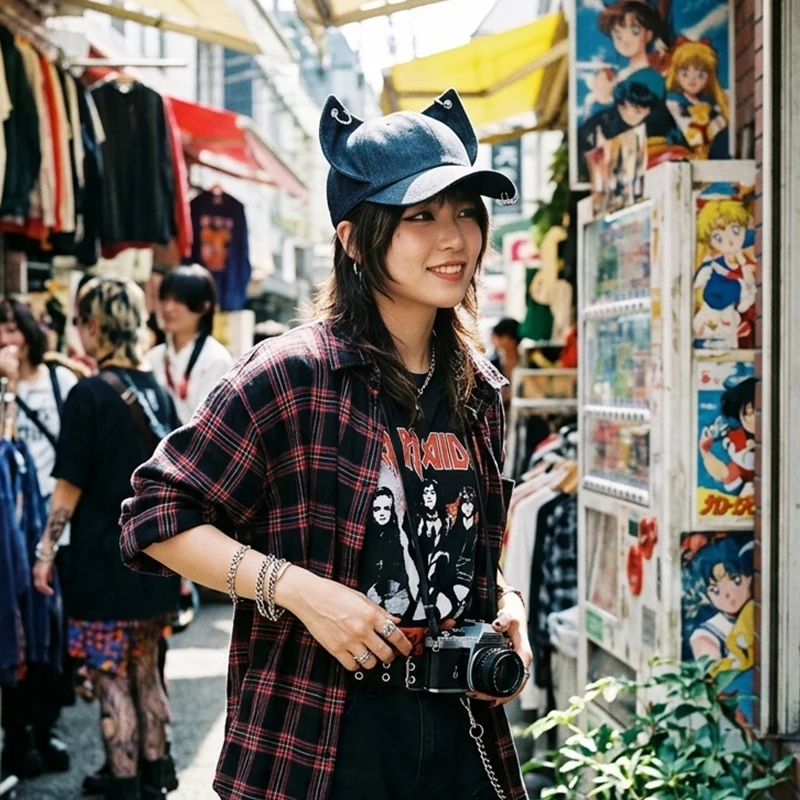 Harajuku Style Cat Ear Denim Baseball Cap Goth Punk Women's Hat with Metal Rings Kawaii Y2K Cyber J-fashion Cool Girl Topper