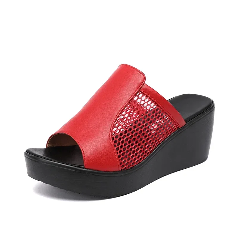 6cm Small Size 32-43 Breathable Mesh Leather Slippers Med Heels Shoes 2024 Summer Soft Leather Platform Wedges Slides Office Mom