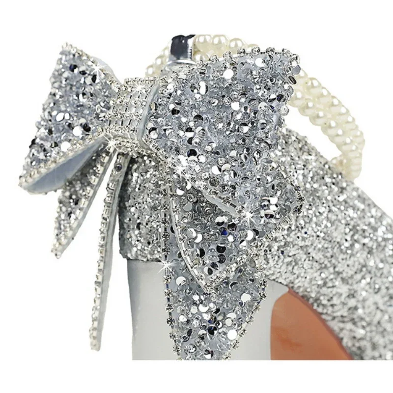 

Обувь BIGTREE, 2021, женские туфли-лодочки с жемчужной цепочкой, женские туфли-лодочки на платформе с блестками, туфли на высоком каблуке с квадратной головкой и толстым каблуком