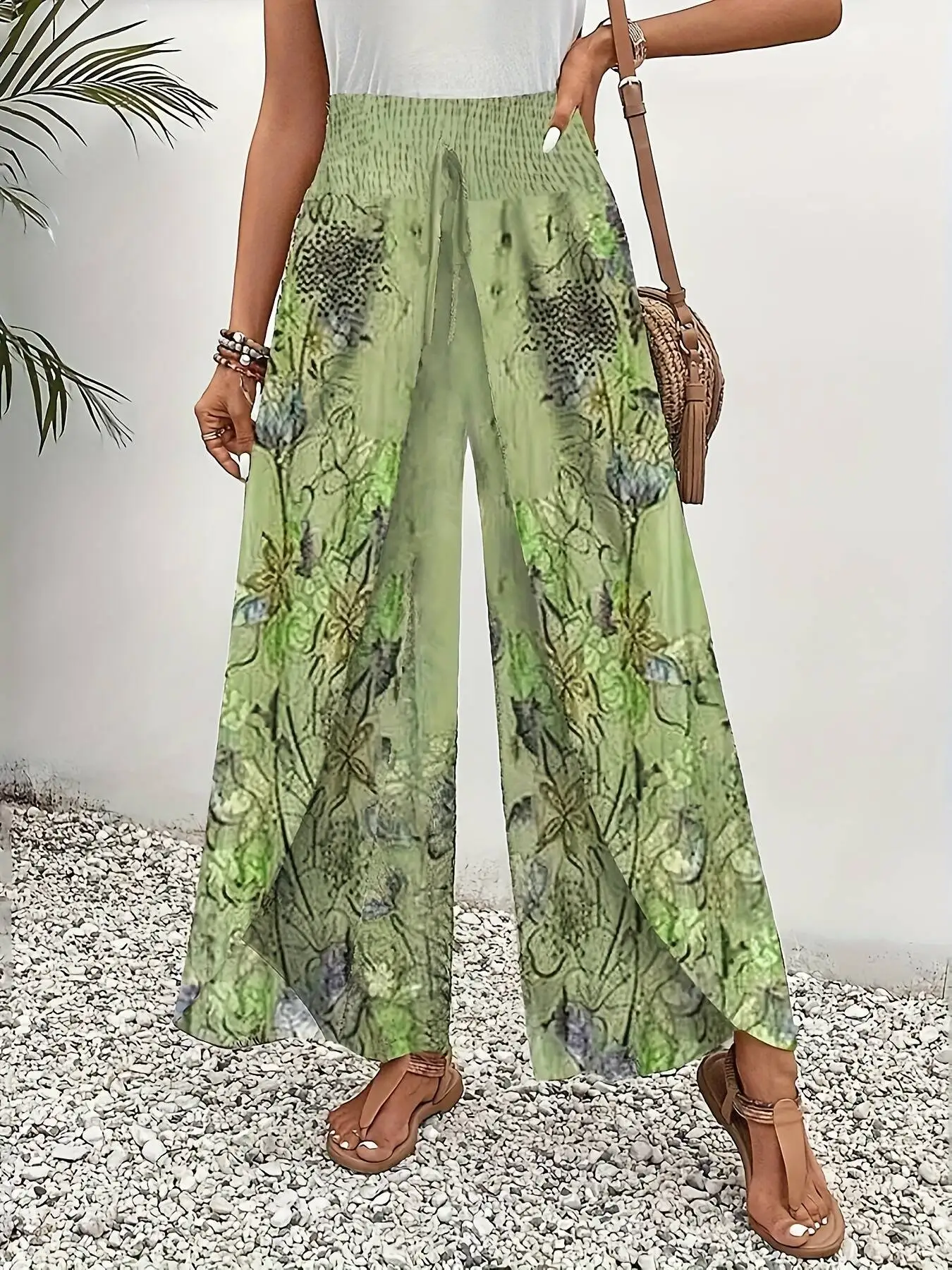 بنطال نسائي واسع الساق بطبعة زهور - كاجوال أنيق لقضاء العطلات على الشاطئ، فضفاض مناسب مع خصر برباط، قماش خفيف الوزن