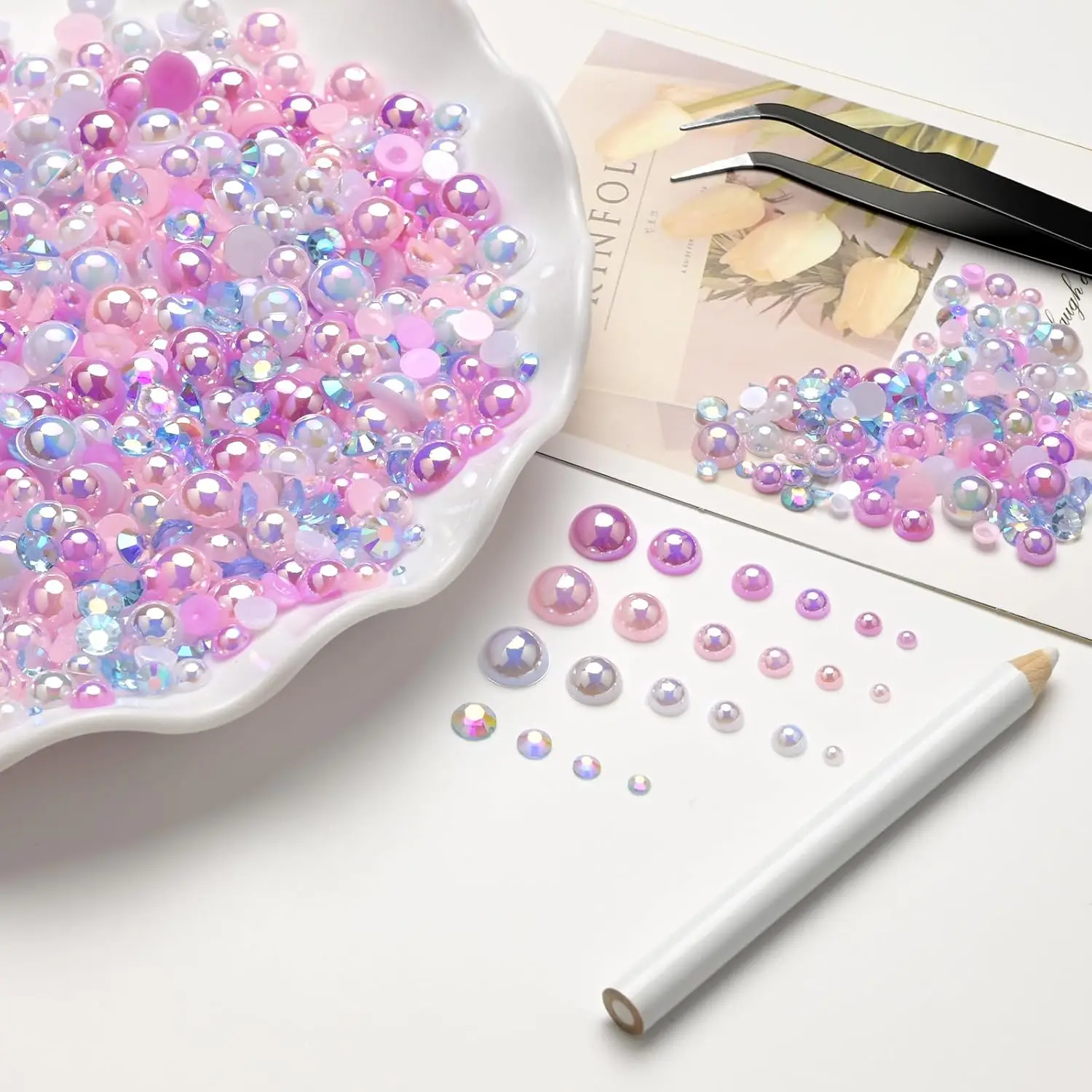 30g Half Round Pearls Rhinestones Pink Purple Mixed Size 3mm-8mm  Mix Flatback Pearlsfor Nail Art DIY with Tweezers Wax Pen
