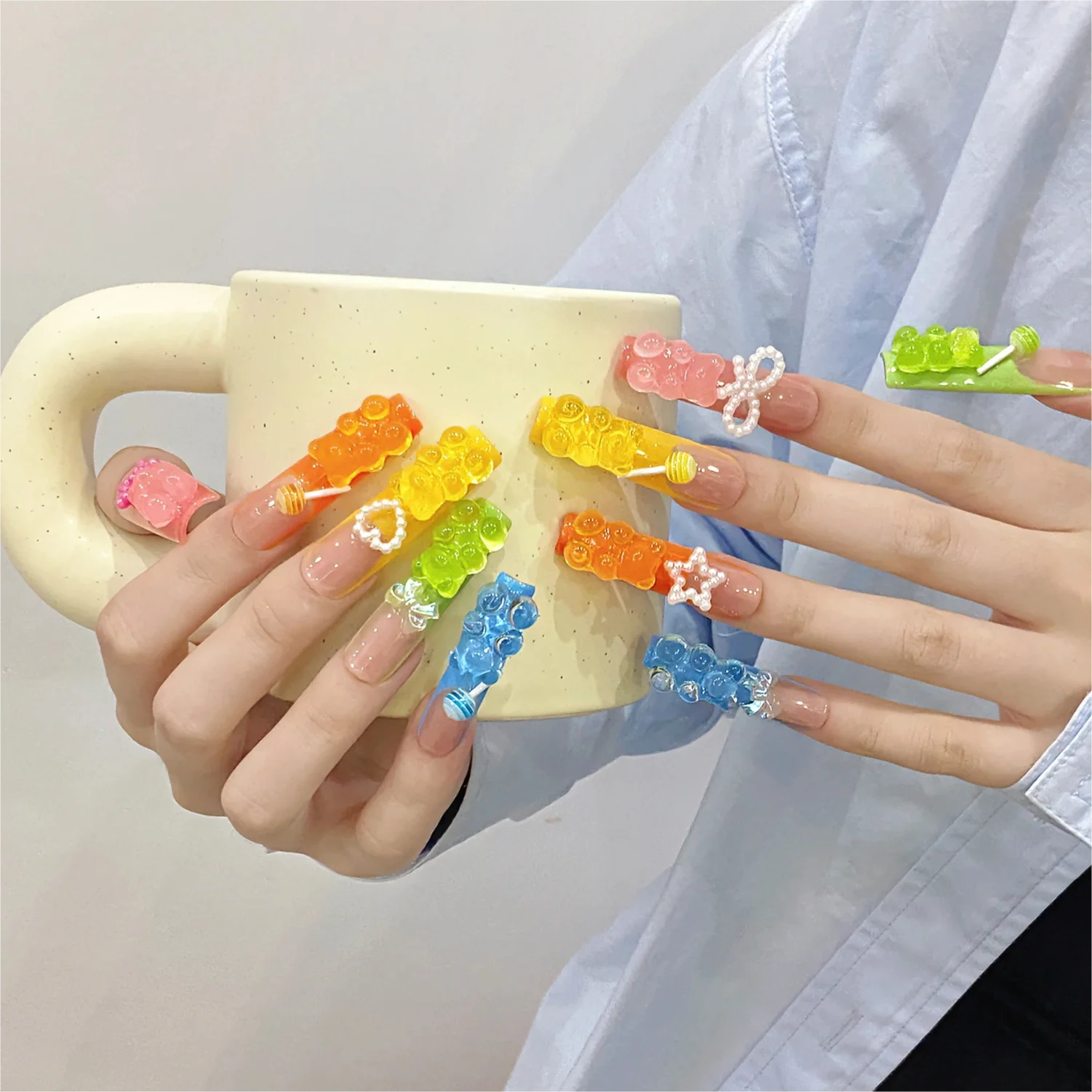 

Handmade Press on Nails Cute Candy Bear Bow Love Decor False Nails for Women Wearable Full Cover European Extra Long Fake Nails