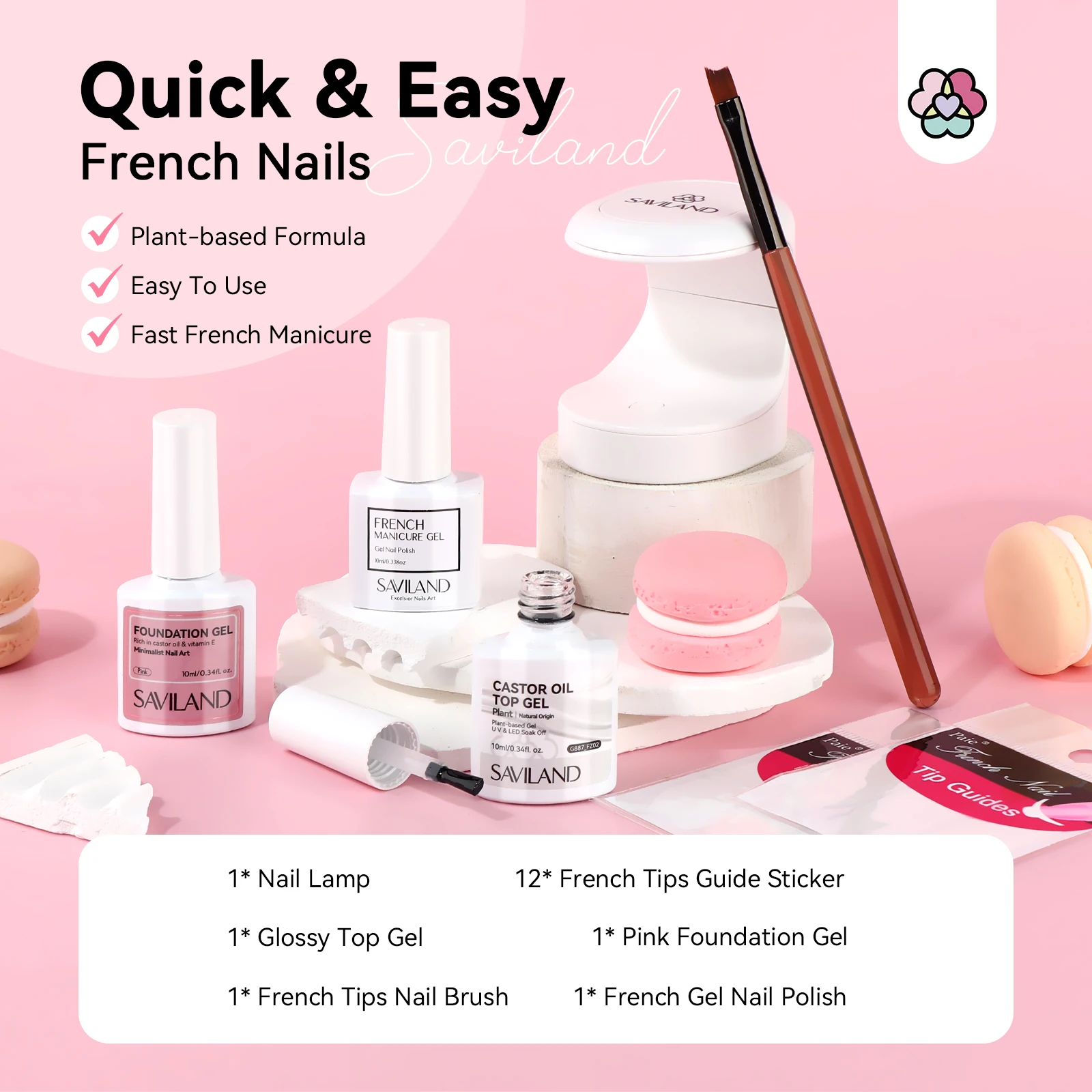 Saviland-Kit de manicura francesa, pegatinas de punta francesa para uñas, cepillo de uñas francés, esmalte de uñas de Gel blanco, lámpara UV para decoración de uñas