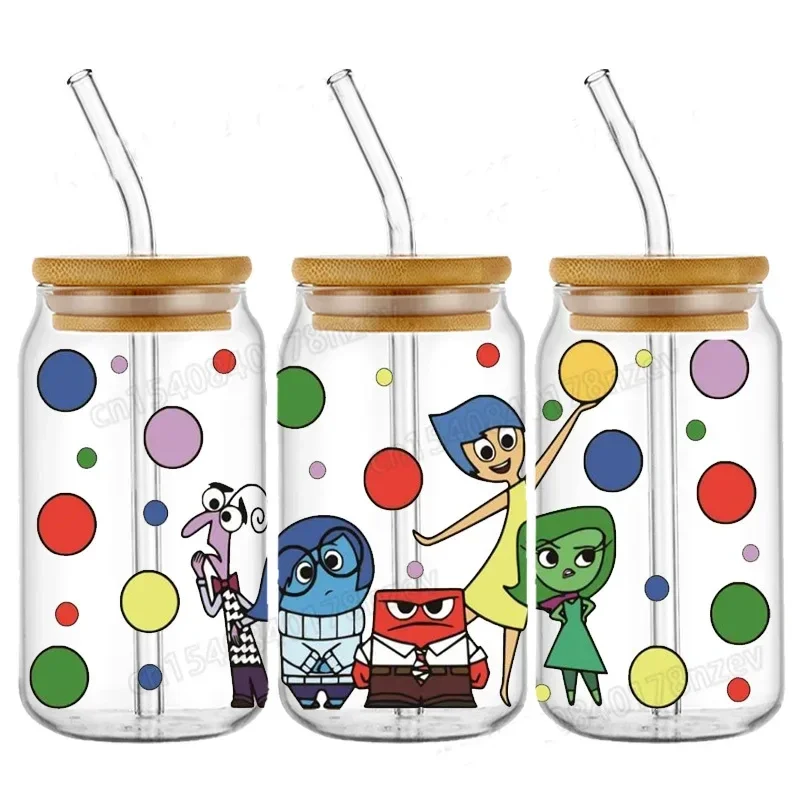 Heiß von innen nach außen 2 uv dtf Wrap Transfer Aufkleber Disney Cartoon Figur Traurigkeit Freude Wut wasserdicht Wrap Aufkleber für 16oz Glas Tasse