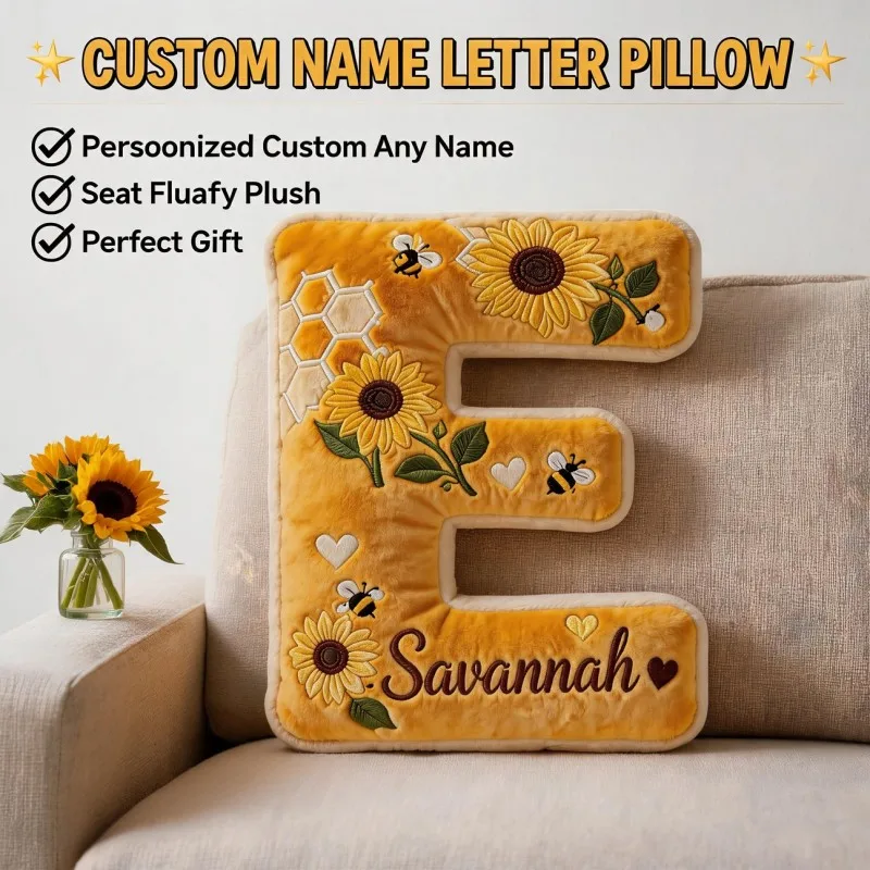 Custom Personalized Photo Initial Letter Shaped Pillow, Sunflower & Bee Decorative Cushion with Name, Home Decor Accent for Sofa