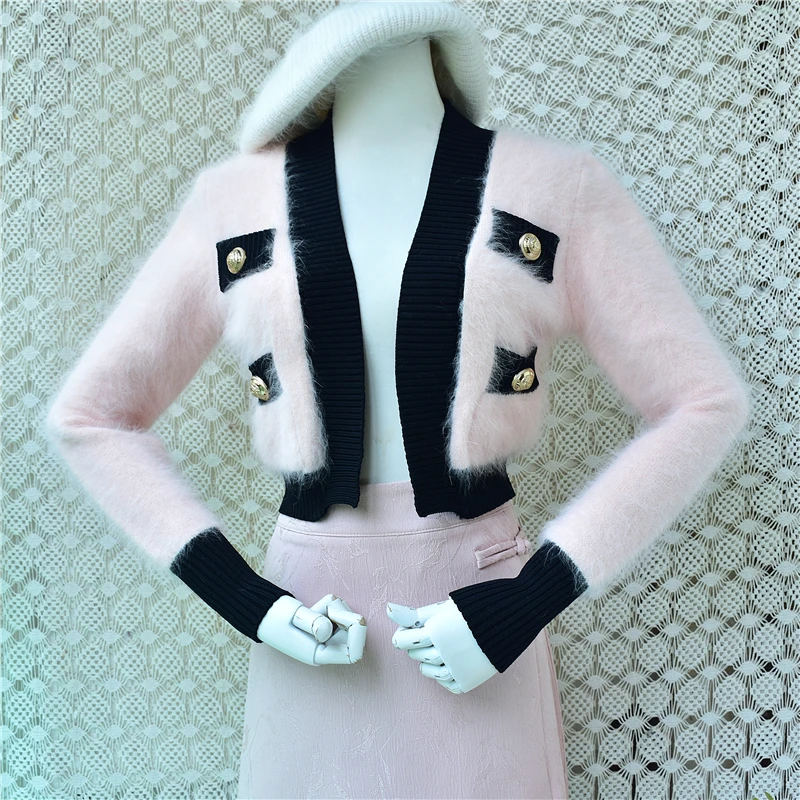 Ladies Women Autumn Winter Fashion Colored Hairy Angora Rabbit Hair Crop Top Elegant Fashion Sim Cardigans Sweater Jacket Pull