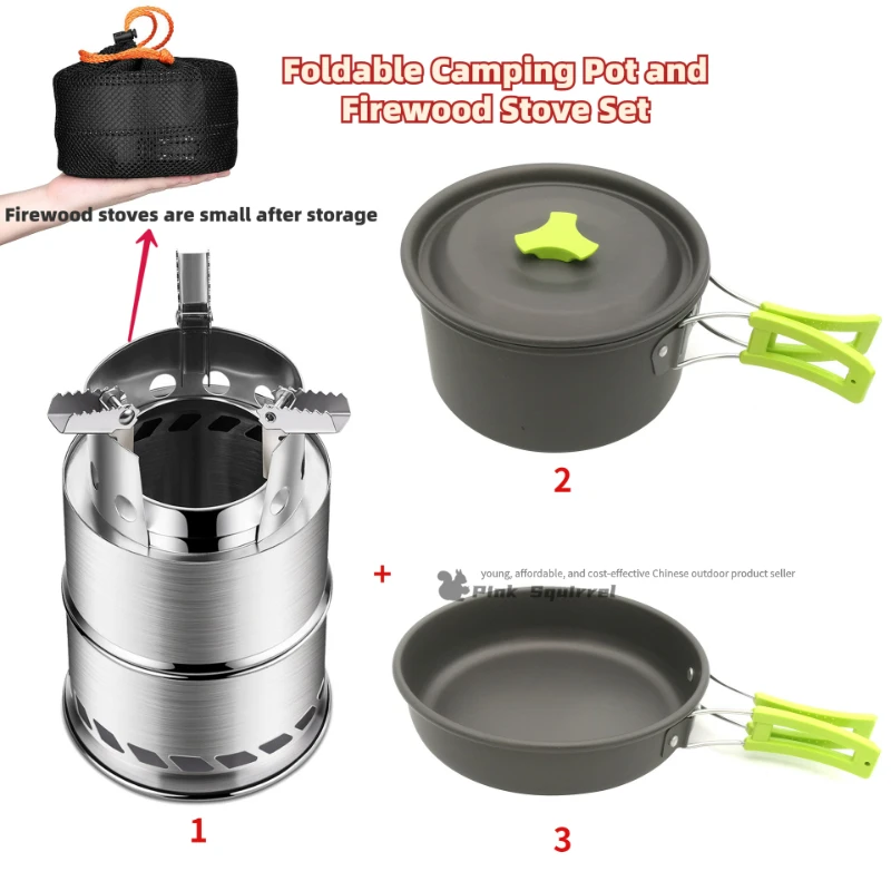 Ultralight Camping Cookware Mess Kit, Outdoor Cooking Tableware, Foldable Pot and Firewood Stove Set for Picnic