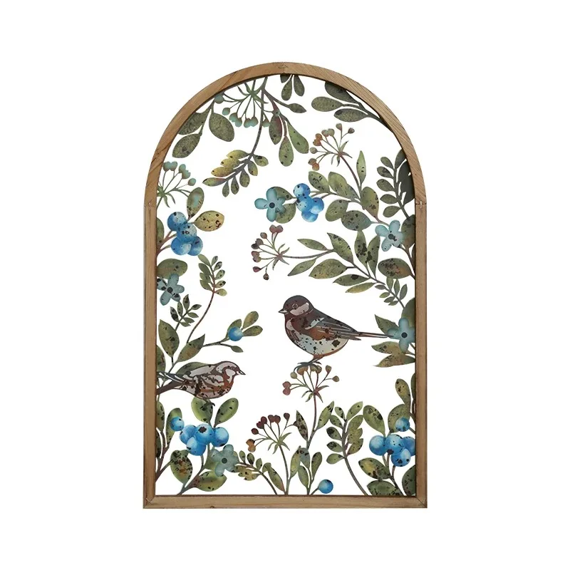 

Arched Metal Wall Art with Birds and Flowers, Rustic Wood Frame, Distressed White Background, Dimensional Botanical Decor