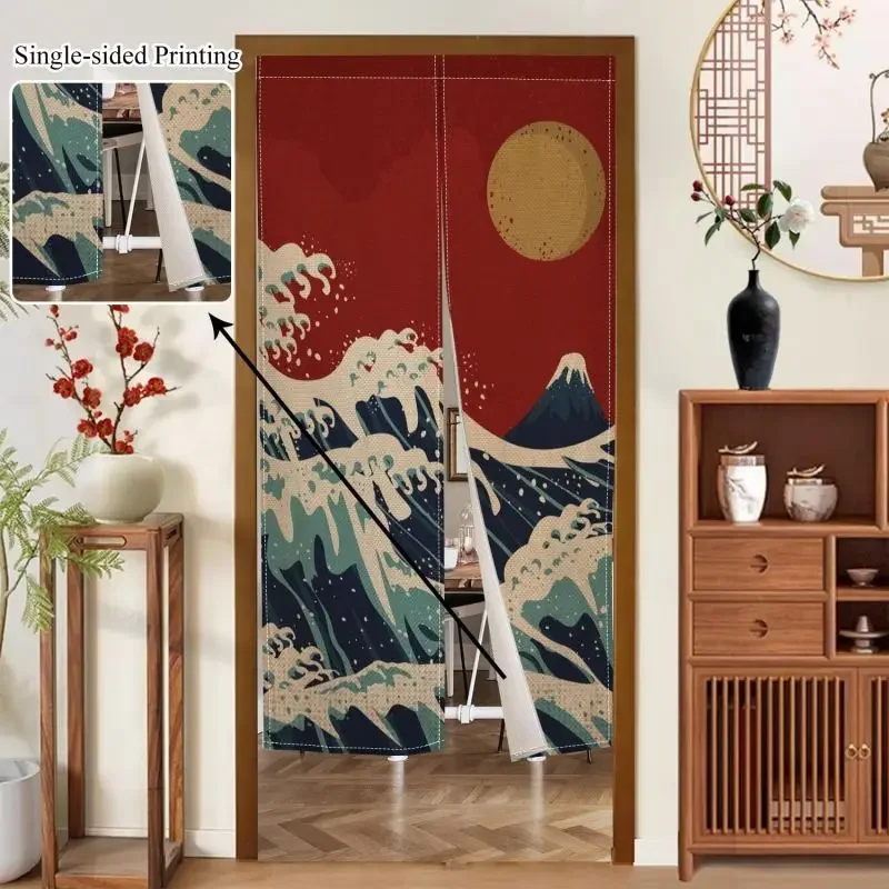 Japanese Ukiyo‑e Wave Noren Door Curtain Mount Fuji Moon Print Polyester Partition Curtain For Entryway Home Deco