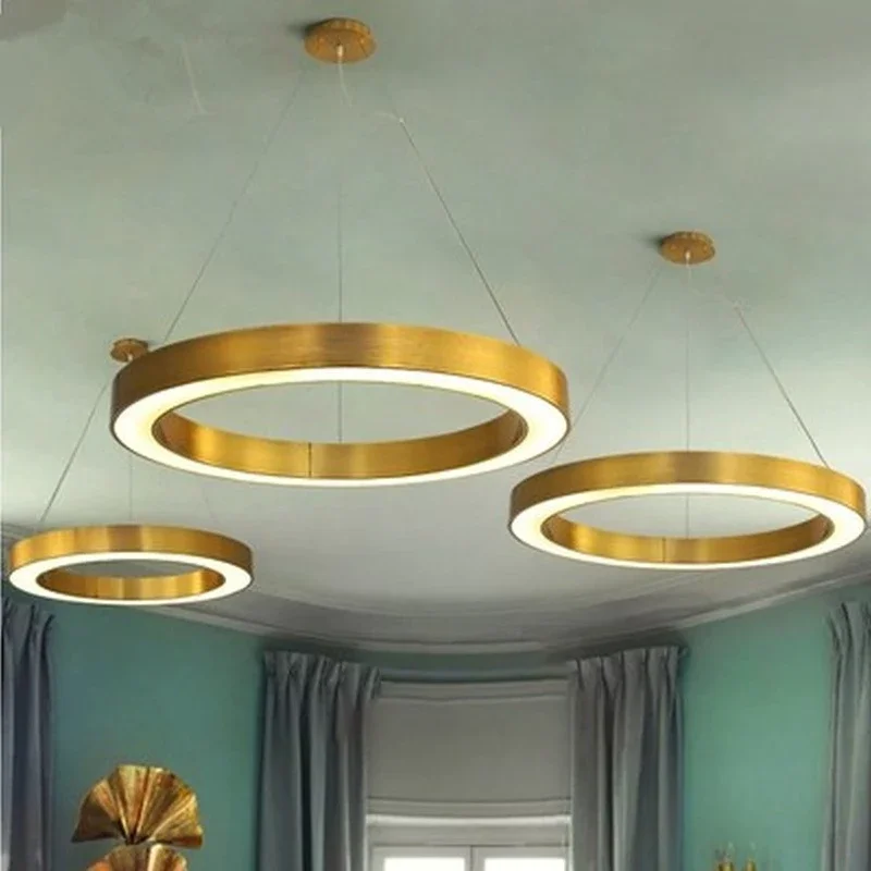 Post Modern LED Pendant Lights Round Circular Gold Ring Hanging Lamp Dining Room Living Room Lustre Stainless Steel Pendant Lamp