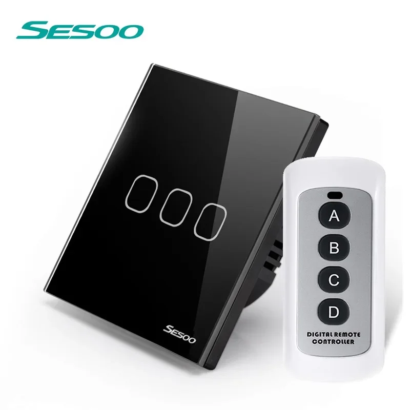 SESOO EU Standard Remote Control Touch Sensor Wall Light Switch 1 2 3 Gang 1 Way LED Indicator Crystal Tempered Glass Panel AC