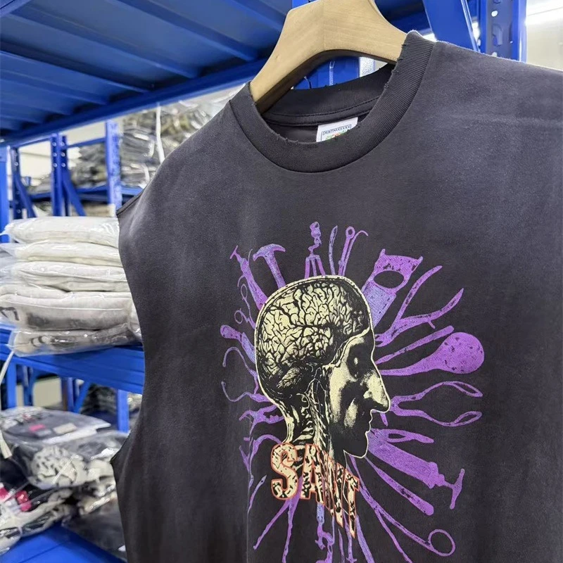 SAINT Mxxxxxx Oversized Sleeveless Tank Top T Shirt 26ss New Human Anatomy Printed Black Washed T-Shirts