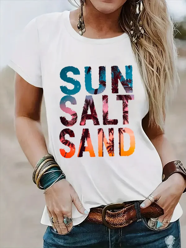 

Sun Salt Sand Slogan Women Summer Casual T-shirt Sunset Beach Bottom Printing Female Shirt New Individuality Fashion Girl Tee